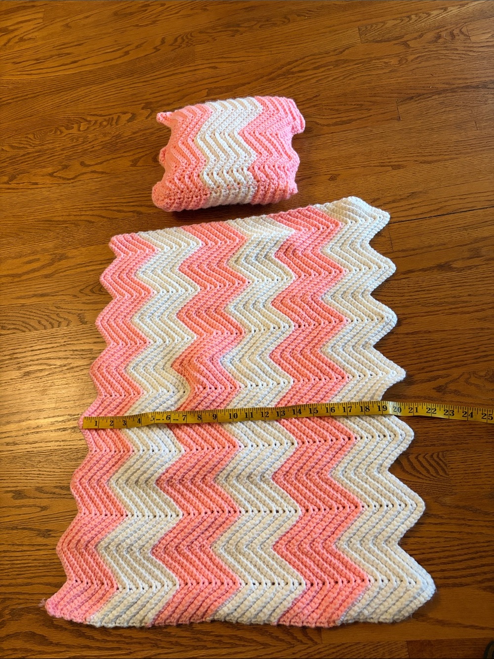 Handmade crochet pink white chevron afghan blanket pillow set doll baby bassinet